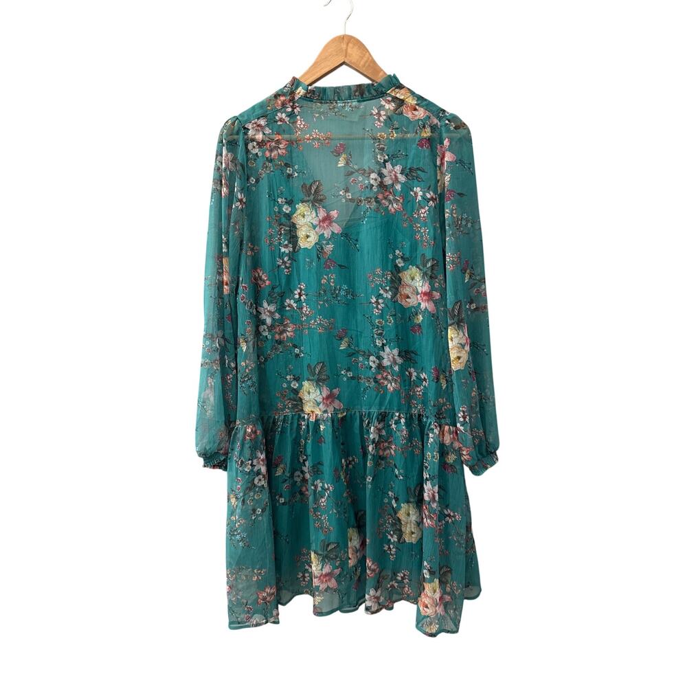 Anthropologie Maeve Emmy Floral Tunic Long Sleeve Sheer Dress Teal Size Small - Picture 6 of 12